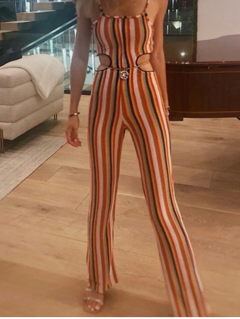 ZARA One Piece Cutout Striped Long Jumpsuit size Med 🆕    *35" Inseam